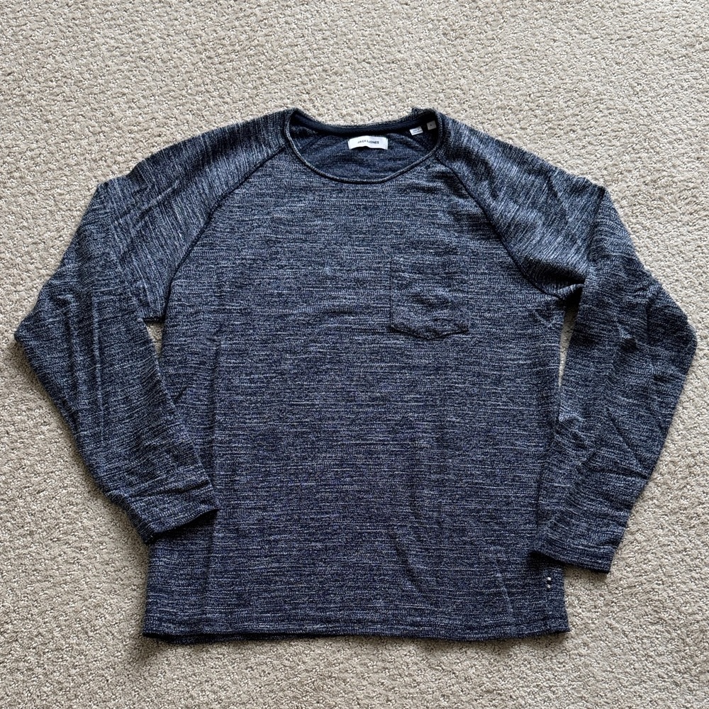 🟢 5/$25 Jack & Jones 100% Cotton Long Sleeve Tee Shirt in Marled Charcoal Gray